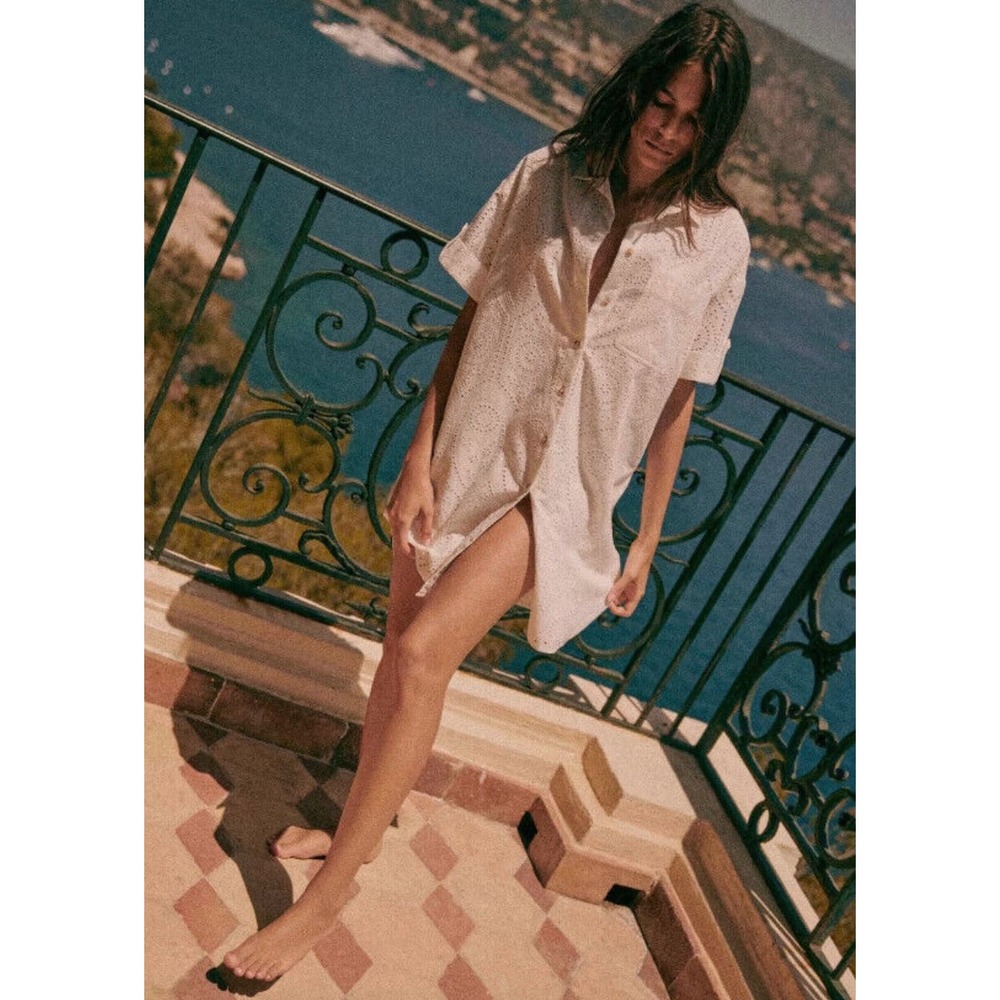 Sezane Cream Resort Shirt Dress Short Sleeve